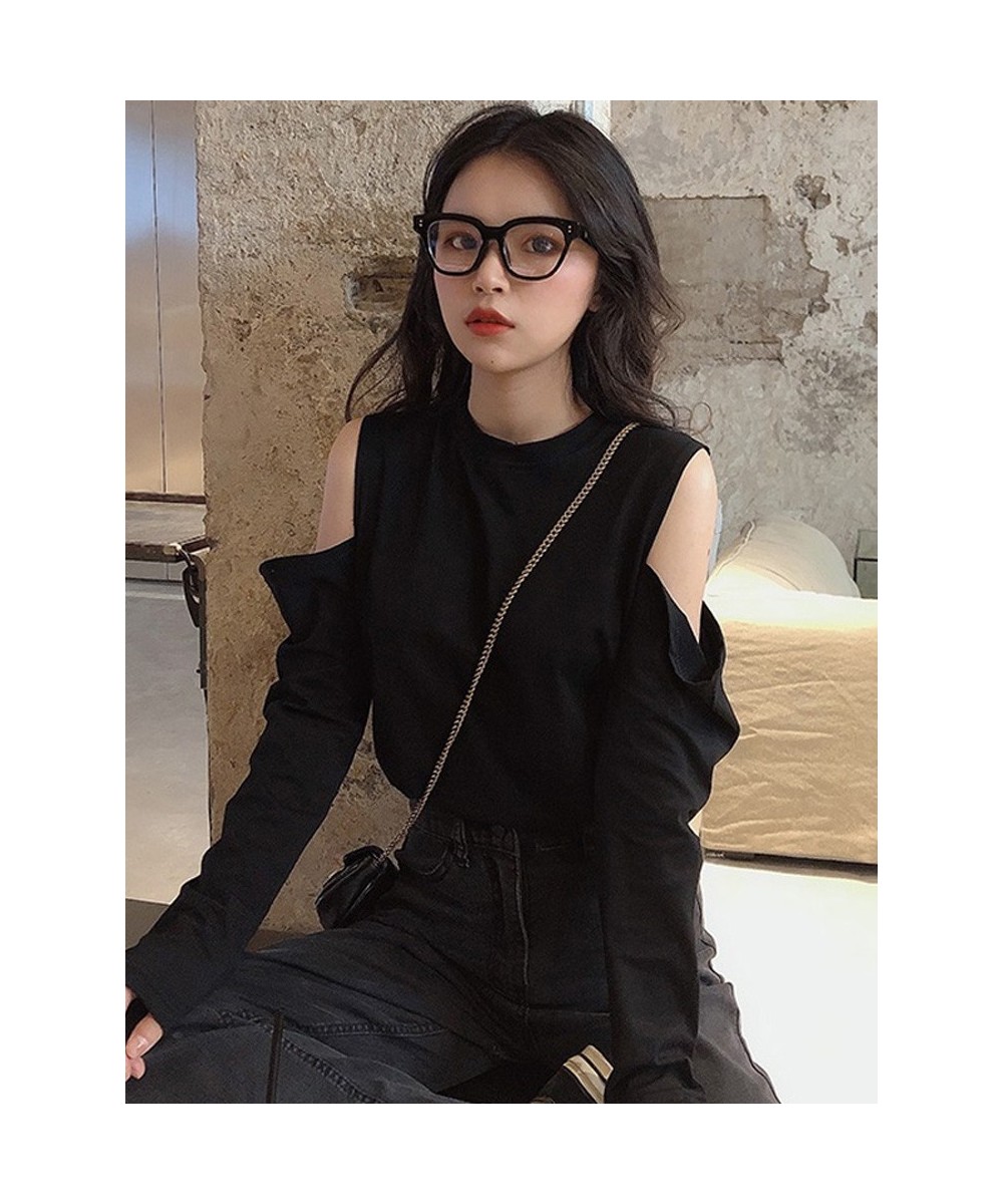 Black O-neck Female T-shirts autumn Fashion Elegant Women solid Long Sleeve T shirt slim Casual hollow basic Tees tops $23.08...