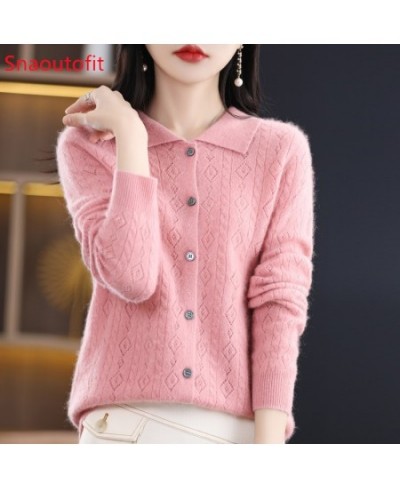 Spring/Autumn Merino Wool Sweater Women's Polo Collar Hollowed Out Knit Cardigan Chic Knitt Cashmere Sweater Loose Look Slim ...