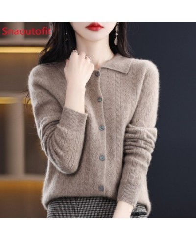 Spring/Autumn Merino Wool Sweater Women's Polo Collar Hollowed Out Knit Cardigan Chic Knitt Cashmere Sweater Loose Look Slim ...