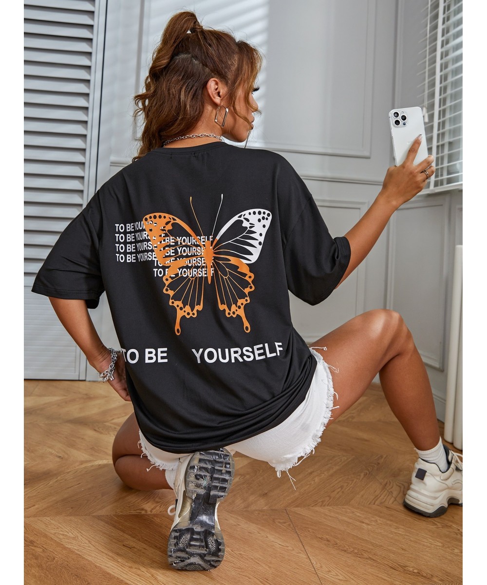 To Be Yourself Letter T-Shirts Women Spring Summer Cotton Short Sleeve Loose Oversize Clothes Butterfly Print Tee Shirts Fema...