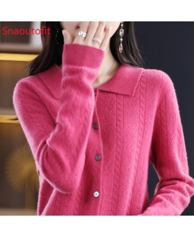 Spring/Autumn Merino Wool Sweater Women's Polo Collar Hollowed Out Knit Cardigan Chic Knitt Cashmere Sweater Loose Look Slim ...