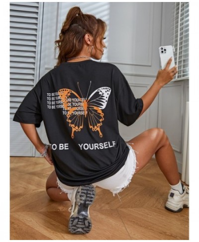 To Be Yourself Letter T-Shirts Women Spring Summer Cotton Short Sleeve Loose Oversize Clothes Butterfly Print Tee Shirts Fema...