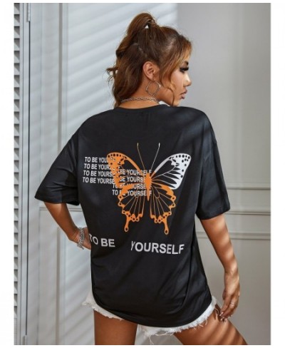 To Be Yourself Letter T-Shirts Women Spring Summer Cotton Short Sleeve Loose Oversize Clothes Butterfly Print Tee Shirts Fema...