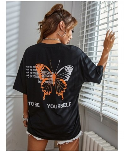 To Be Yourself Letter T-Shirts Women Spring Summer Cotton Short Sleeve Loose Oversize Clothes Butterfly Print Tee Shirts Fema...