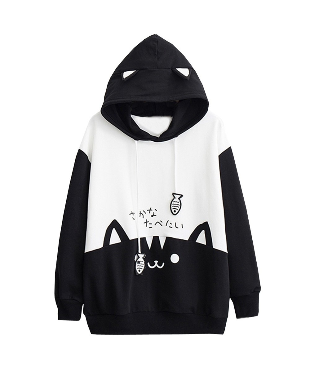 Spring Ladies Long Sleeve Cat Sweatshirt Womens Casual Kitty Cat Print Pocket Thin Hoodie Blouse Top Shirt худи женское плать...