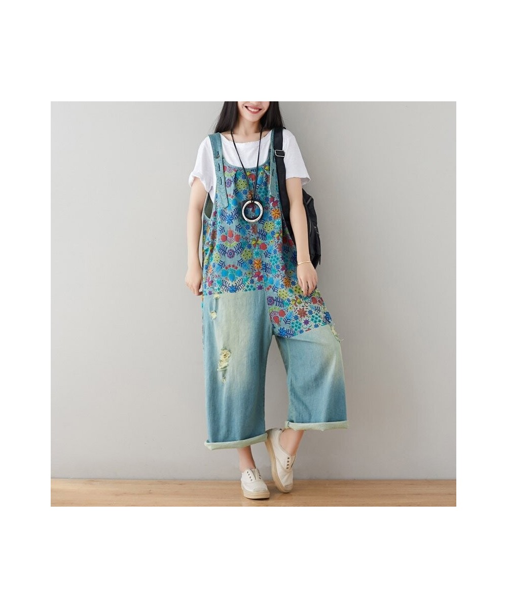 Plus Size Women Denim Jumpsuit Spring Summer Autumn Fashion Casual Floral Printed Baggy Wide Leg LooseBib Pants Jeans Overall...