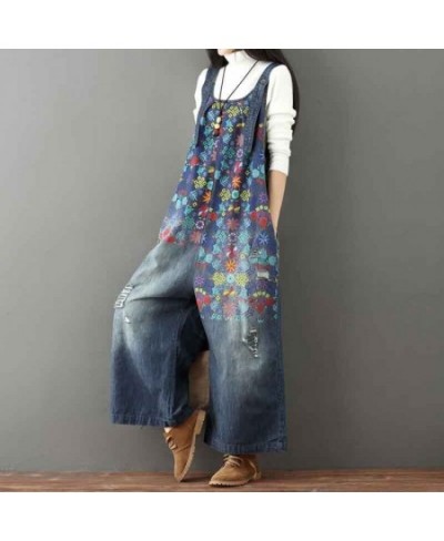 Plus Size Women Denim Jumpsuit Spring Summer Autumn Fashion Casual Floral Printed Baggy Wide Leg LooseBib Pants Jeans Overall...