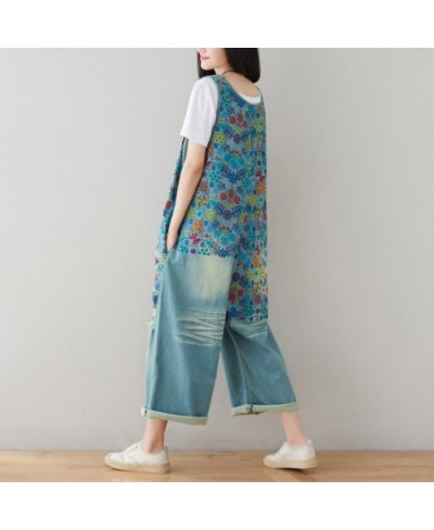 Plus Size Women Denim Jumpsuit Spring Summer Autumn Fashion Casual Floral Printed Baggy Wide Leg LooseBib Pants Jeans Overall...