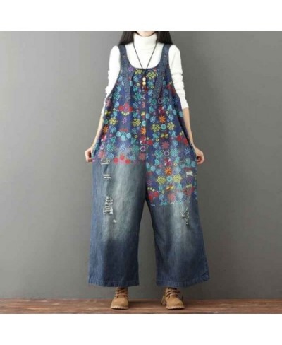 Plus Size Women Denim Jumpsuit Spring Summer Autumn Fashion Casual Floral Printed Baggy Wide Leg LooseBib Pants Jeans Overall...