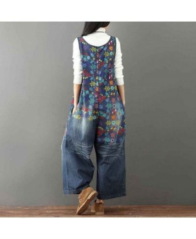 Plus Size Women Denim Jumpsuit Spring Summer Autumn Fashion Casual Floral Printed Baggy Wide Leg LooseBib Pants Jeans Overall...