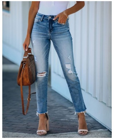 2022 Summer New Women Loose Casual Pants Street Wear Wash Blue Denim Pants Ripped Jeans Retro High Waist Straight Leg Jeans $...