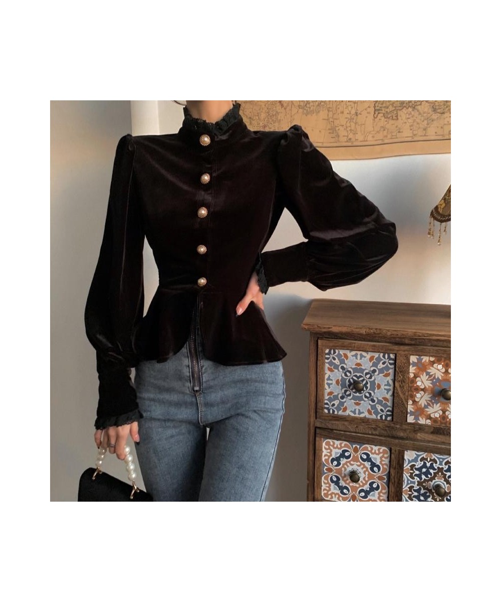 Deeptown Vintage Elegant Black Women Blouses Lantern Sleeve Female Korean Style Velvet Shirts Lace Ruffle Tops Pearl Button $...