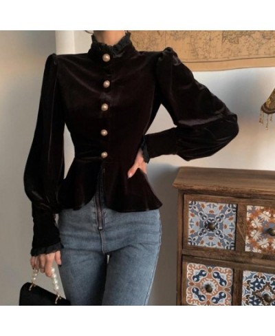 Deeptown Vintage Elegant Black Women Blouses Lantern Sleeve Female Korean Style Velvet Shirts Lace Ruffle Tops Pearl Button $...