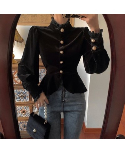 Deeptown Vintage Elegant Black Women Blouses Lantern Sleeve Female Korean Style Velvet Shirts Lace Ruffle Tops Pearl Button $...