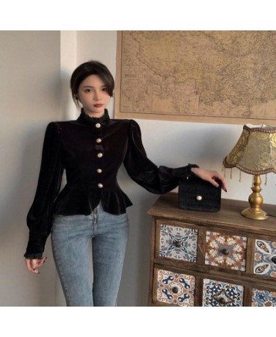 Deeptown Vintage Elegant Black Women Blouses Lantern Sleeve Female Korean Style Velvet Shirts Lace Ruffle Tops Pearl Button $...