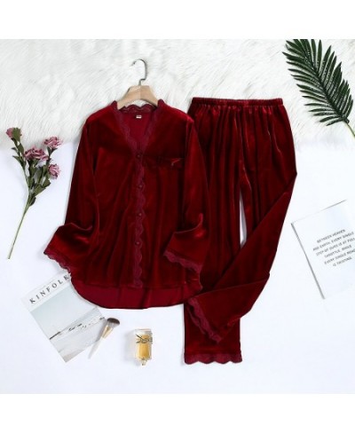 2Pcs Gold Velvet Pajamas Set For Women Warm Pyjama Sexy V-Neck Lace Homewear Autumn Winter New Pijamas Long Pant $41.71 - Sle...