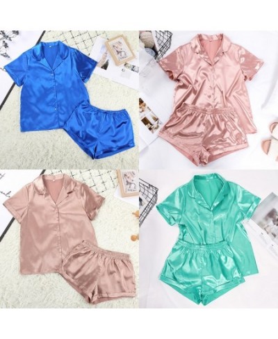 Solid Satin Sleepwear Silk Pajamas Set Top And Shorts Two Piece Set Pyjamas Women Pajama Short Sleeve Home Suit Casual $31.82...