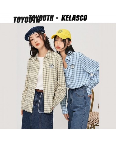 Women Shirts 2022 Autumn Long Sleeve Polo Neck Plaid Blouse Checked Khaki Blue Chic Casual Streetwear Tops $57.58 - Women Tops