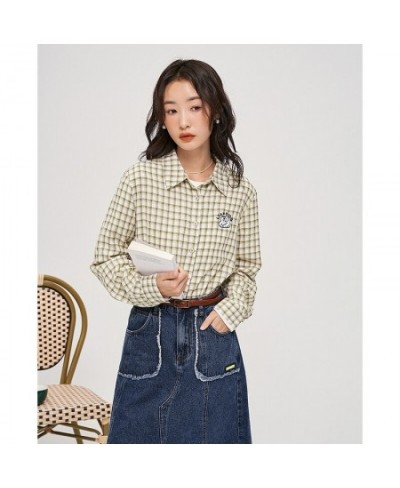 Women Shirts 2022 Autumn Long Sleeve Polo Neck Plaid Blouse Checked Khaki Blue Chic Casual Streetwear Tops $57.58 - Women Tops