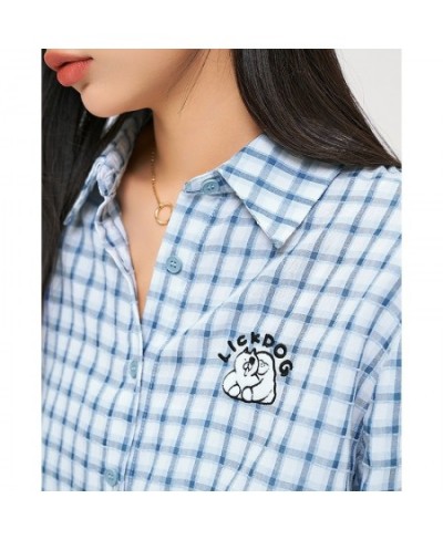 Women Shirts 2022 Autumn Long Sleeve Polo Neck Plaid Blouse Checked Khaki Blue Chic Casual Streetwear Tops $57.58 - Women Tops