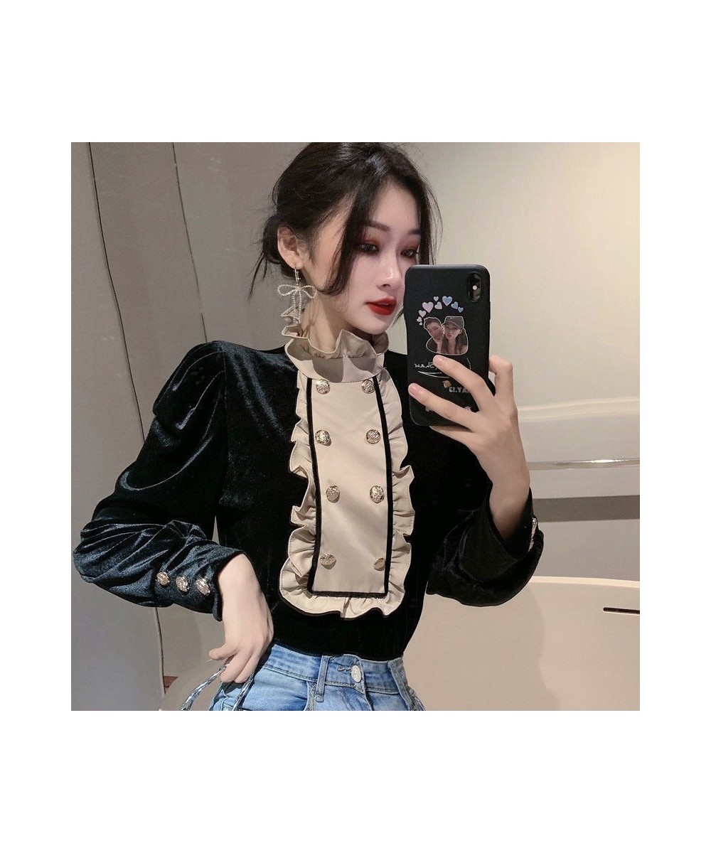 Vintage Women Velvet Blouse Casual Stand Collar Double Breasted Puff Long Sleeve Brown Black Shirt Female Spring Autumn $32.4...