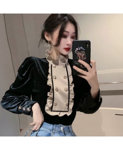 Vintage Women Velvet Blouse Casual Stand Collar Double Breasted Puff Long Sleeve Brown Black Shirt Female Spring Autumn $32.4...