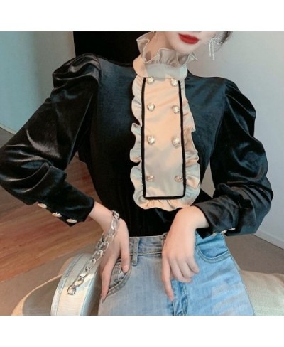 Vintage Women Velvet Blouse Casual Stand Collar Double Breasted Puff Long Sleeve Brown Black Shirt Female Spring Autumn $32.4...