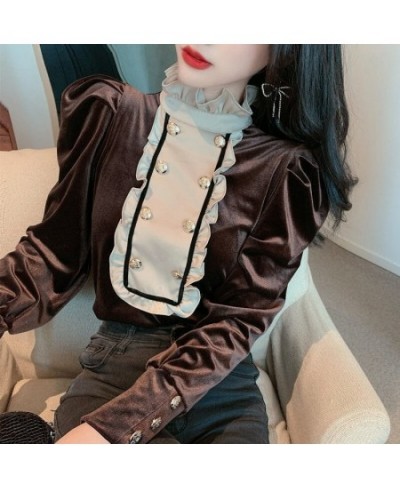 Vintage Women Velvet Blouse Casual Stand Collar Double Breasted Puff Long Sleeve Brown Black Shirt Female Spring Autumn $32.4...