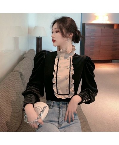 Vintage Women Velvet Blouse Casual Stand Collar Double Breasted Puff Long Sleeve Brown Black Shirt Female Spring Autumn $32.4...