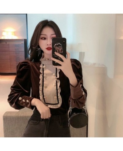 Vintage Women Velvet Blouse Casual Stand Collar Double Breasted Puff Long Sleeve Brown Black Shirt Female Spring Autumn $32.4...