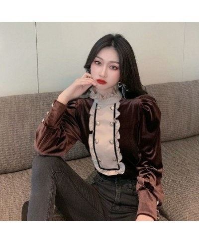 Vintage Women Velvet Blouse Casual Stand Collar Double Breasted Puff Long Sleeve Brown Black Shirt Female Spring Autumn $32.4...