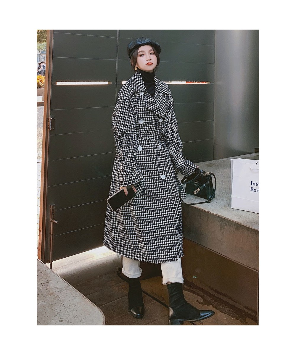 Woman Winter 2022 Fashion Overcoat Lapel Double Row Button Black White Thousand Bird Grid Trench Coat for Women Jackets $70.5...