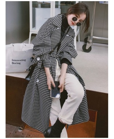 Woman Winter 2022 Fashion Overcoat Lapel Double Row Button Black White Thousand Bird Grid Trench Coat for Women Jackets $70.5...