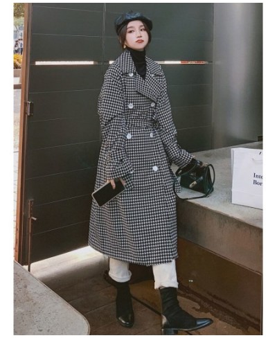 Woman Winter 2022 Fashion Overcoat Lapel Double Row Button Black White Thousand Bird Grid Trench Coat for Women Jackets $70.5...