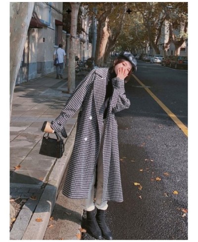 Woman Winter 2022 Fashion Overcoat Lapel Double Row Button Black White Thousand Bird Grid Trench Coat for Women Jackets $70.5...