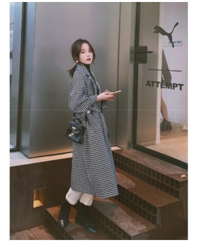 Woman Winter 2022 Fashion Overcoat Lapel Double Row Button Black White Thousand Bird Grid Trench Coat for Women Jackets $70.5...