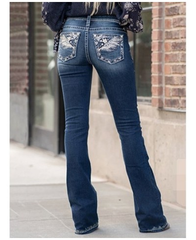 Casual Women's Mid-Rise Boot Jeans with Embroidered Floral Designs on Back Pockets Skinny Denim Jeans Plus/Junior Size $62.23...