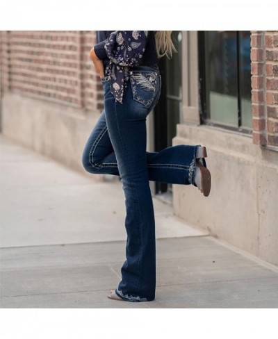 Casual Women's Mid-Rise Boot Jeans with Embroidered Floral Designs on Back Pockets Skinny Denim Jeans Plus/Junior Size $62.23...