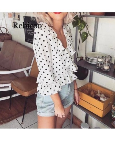 Women Polka Dot shirt Loose V neck Tops Ladies Casual ruffles Sleeve Blouse Shirts Tops women female $32.62 - Blouses & Shirts