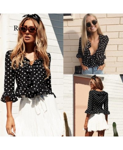 Women Polka Dot shirt Loose V neck Tops Ladies Casual ruffles Sleeve Blouse Shirts Tops women female $32.62 - Blouses & Shirts