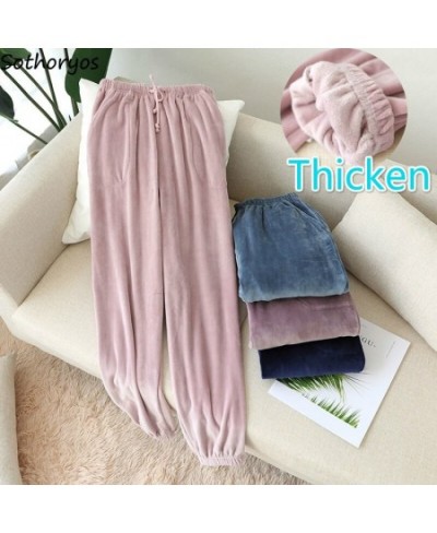 Sleep Bottoms Winter Women Thicken Couple Coral Fleece Solid Flannel Drawstring Elastic-waist Bundle Pants Chic Soft Lounge $...