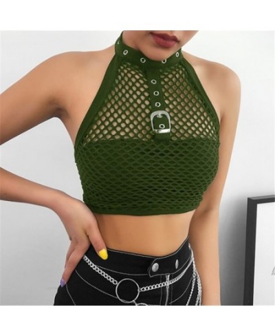 Mesh Fishnet Crop Top Women See Through Summer Female Clothes Backless Streetwear Gothic Hollow Out Sexy Black Halter Tank To...