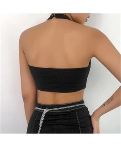 Mesh Fishnet Crop Top Women See Through Summer Female Clothes Backless Streetwear Gothic Hollow Out Sexy Black Halter Tank To...