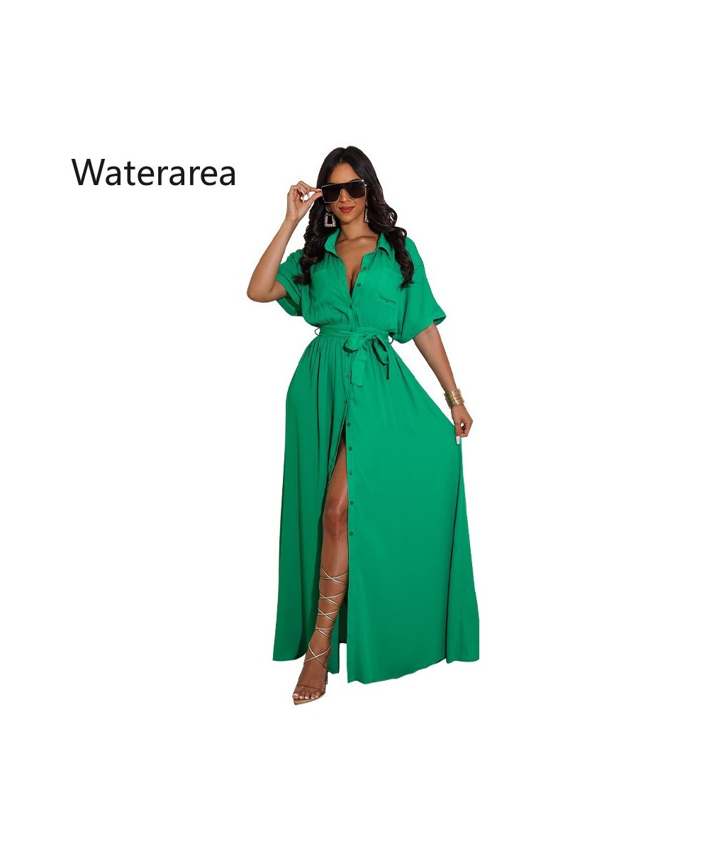 Women Shirt Dresses Solid Half Sleeves Belt Single Breased Vestido Casual Female Maxi Pleated Dress Office Lady $47.07 - Dresses