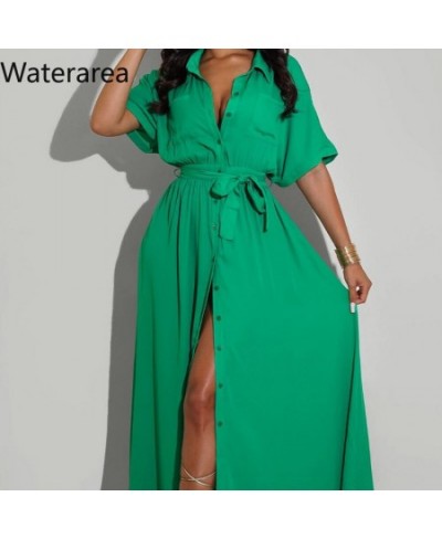 Women Shirt Dresses Solid Half Sleeves Belt Single Breased Vestido Casual Female Maxi Pleated Dress Office Lady $47.07 - Dresses