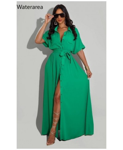 Women Shirt Dresses Solid Half Sleeves Belt Single Breased Vestido Casual Female Maxi Pleated Dress Office Lady $47.07 - Dresses