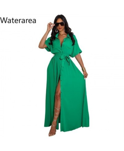 Women Shirt Dresses Solid Half Sleeves Belt Single Breased Vestido Casual Female Maxi Pleated Dress Office Lady $47.07 - Dresses