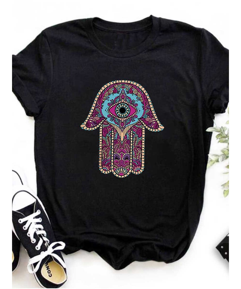 Plus Size Hamasa Hand Eye Print T-shirt summer Casual T-shirt Women's Plus Print Round Neck Short Sleeve Fashion Graphic Tee ...