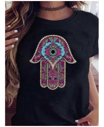 Plus Size Hamasa Hand Eye Print T-shirt summer Casual T-shirt Women's Plus Print Round Neck Short Sleeve Fashion Graphic Tee ...