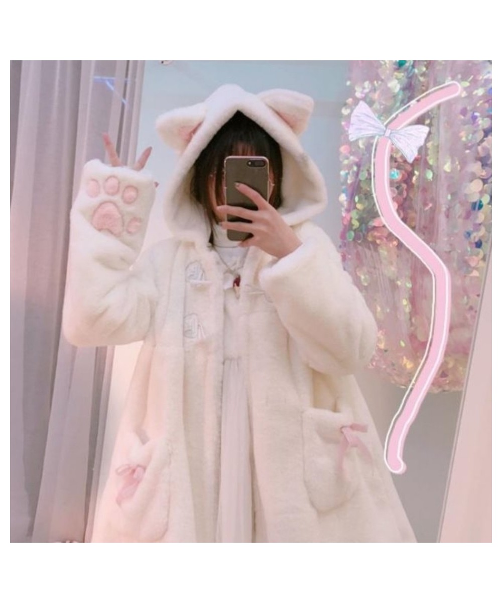 Winter Jacket Women Lolita Fleece-lined Thickened Girl Soft Fabric Kawaii Cat Ear Hat Claw Cute Plush White Coat Youthful Par...